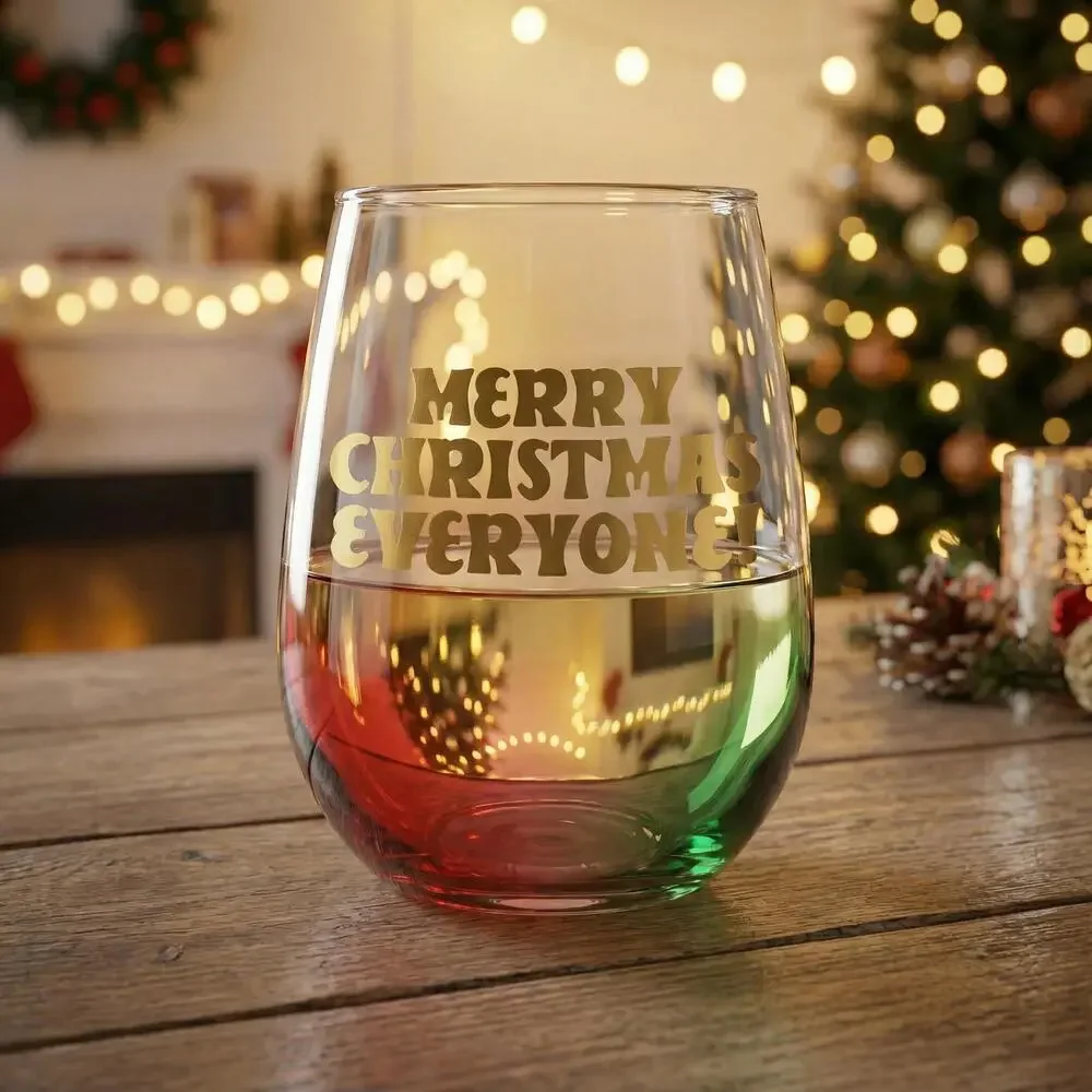 Merry Christmas Everyone Stemless Wine Glass in Multicolored Tinted Glass | Hol